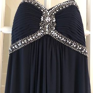 Strapless jeweled gown. Navy. Pastel jewels. Empire waist. Back zipper. Sheer.